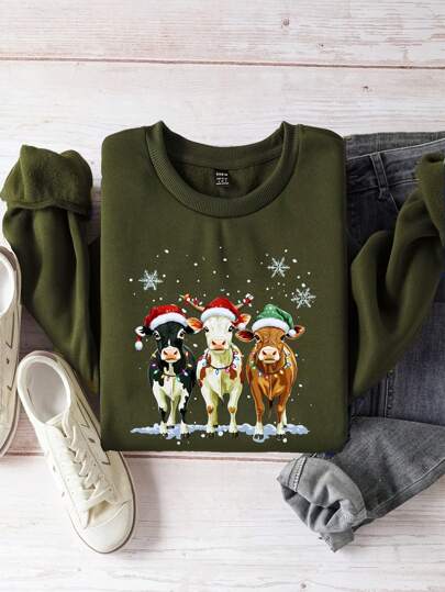 SHEIN EZwear 休闲简约奶牛印花图案绿色圆领长袖厚羊毛宽松女式运动衫，适合秋冬圣诞节