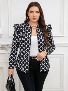 SHEIN Clasi 大码几何图案荷叶边下摆拉链夹克，秋冬 - 黑色 - 查看 4