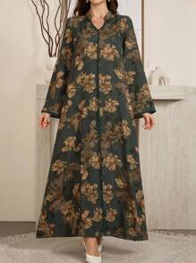 Al Najma Vestido elegante de estilo árabe con estampado floral, cuello en V y manga larga, vestido maximodesto de línea A, para uso casual diario/en casa/al aire libre