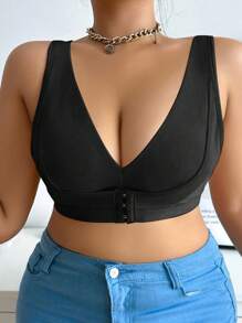 Plus Size Black Front Closure Bra Wireless Support Full Coverage Casual Comfy - Black - View 3
