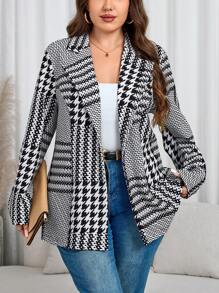 SHEIN Clasi Plus Women Elegant Houndstooth Long Sleeve Fitted Blazer For Women Winter, Office Wear , Business ,Casual - Black and White - View 5