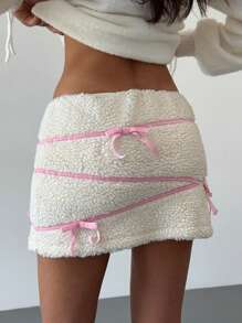 Aloruh Cute Blush Pink Bow Mini Skirt, Warm Autumn Winter For Women - Beige - View 2