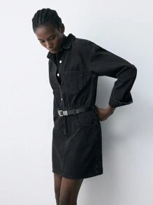 SHEIN Maija Váy denim mini thường ngày cho nữ, tay dài, màu đen - màu đen - Xem 5