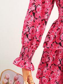 Vestido de manga larga con cuello redondo y volantes con estampado floral para niñas adolescentes - Multicolor - Ver 3