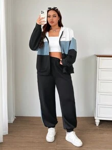SHEIN EZwear 2 件大码拼色标语印花运动衫和运动裤套装，秋冬运动休闲 - 彩色 - 查看 4