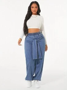 SHEIN Unity Women's Loose Waisted Knotted Pocket Wide Leg Casual Jogger Jeans - Medium Wash - View 7