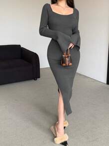 DAZY Women Square-Neck Solid Color High-Split Fitted Sweater Dress