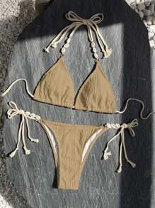 SHEIN Swim Women's Summer Beach Colorblock Halter Neck Tie Sexy Bikini Set - Khaki - View 3