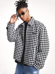 Manfinity RebelGame Men's Houndstooth Print Zipper Long Sleeve Casual Shacket - Black and White - View 1