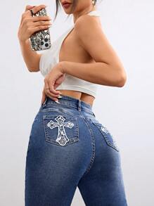 SHEIN EZwear Jeans de pierna ancha con lavado, moda gótica Y2K de los 90, con bordado de cruz impreso para mujer