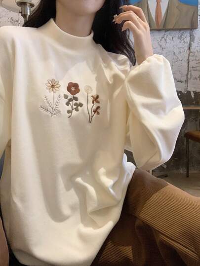 FRIFUL Women's Casual Floral Embroidered Stand Collar T-Shirt, Autumn/Winter Turtleneck Women