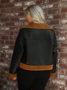 SHEIN LUNE Plus Size Stand Collar Zipper Contrast Color Long Sleeve Casual Fashion Jacket Thanksgiving Outfit/Leather Jacket Plus Size /Hollowed Costumes Holiday Outfit