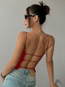 SHEIN EZwear 1pc Red Knitted Backless Women Tank Top - Red - View 2