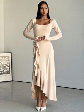 SHEIN Privé 女士 3D 花朵高开叉荷叶边下摆优雅长袖连衣裙