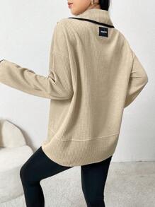 Mulvari 女士翻领拉链长袖针织运动衫 - 卡其色 - 查看 4