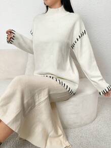 Mulvari Women Contrast Color Crew Neck Long Sleeve Casual Sweater - Apricot - View 4