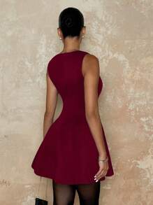 SHEIN BAE Women's Solid Color Elastic Waist A-Line Midi Dress, For Elegant Occasions, Autumn,Elegant Dresses For Party - Burgundy - View 2