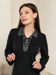 Mulvari Women's Color Block Collared Lace-Up Long Sleeve Casual Dress, Spring Autumn Maxi Women Outfit Fall Cloth For Women