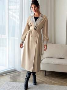 SHEIN Privé 1 件优雅格子印花腰带设计长袖双排扣风衣，秋冬款 - 卡其色 - 查看 10