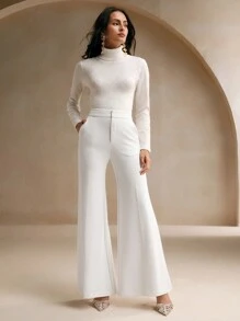 Anewsta 女士都市高端纯色喇叭腿优雅裤 - 白色 - 查看 2