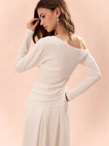 Enchnt Women Solid Color Asymmetric Collar Long Sleeve Top And Skirt Elegant Set - Beige - View 3