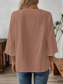 EMERY ROSE 女士度假风格纯色缺口领撞色蕾丝 3/4 袖衬衫 - 粉色 - 查看 2