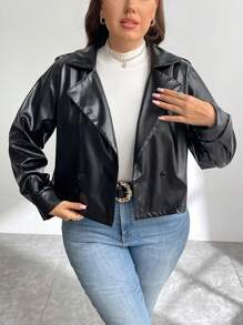 SHEIN Privé Áo khoác da ngắn cài nút phía trước ve xe máy thường ngày, thanh lịch cỡ lớn cho nữ Áo khoác ngoài dài tay thời trang hàng ngày - màu đen - Xem 5