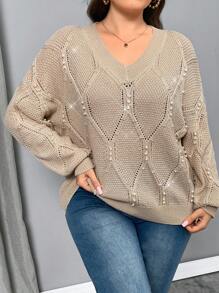 SHEIN Privé Plus Size Women V-Neck Long Sleeve Apricot See-Through Hollow Out Twisted Texture Beaded Sweater Top