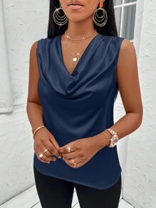 Zolique 女式夏季纯色圆领无袖衬衫 - 藏蓝色 - 查看 6