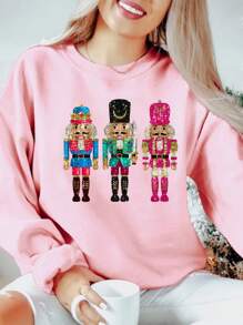 Tween Girl Christmas Casual Shiny Sequins Soldier Graphic Basic Crew Neck Sweatshirt - Pink - View 1