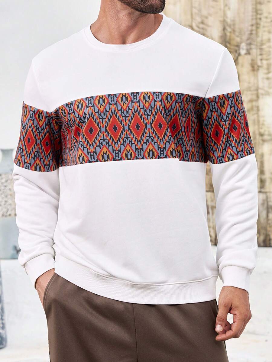 Manfinity Homme Herren Grafik Muster Kontrast Rundhals Pullover Sweatshirt, Lässiger Alltags Tragen - Orange - Übersicht 1