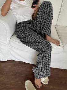 DAZY Plaid Loose Fit Straight Leg Loungewear Pants,Back To School, Fall Pajama - Grey - View 1