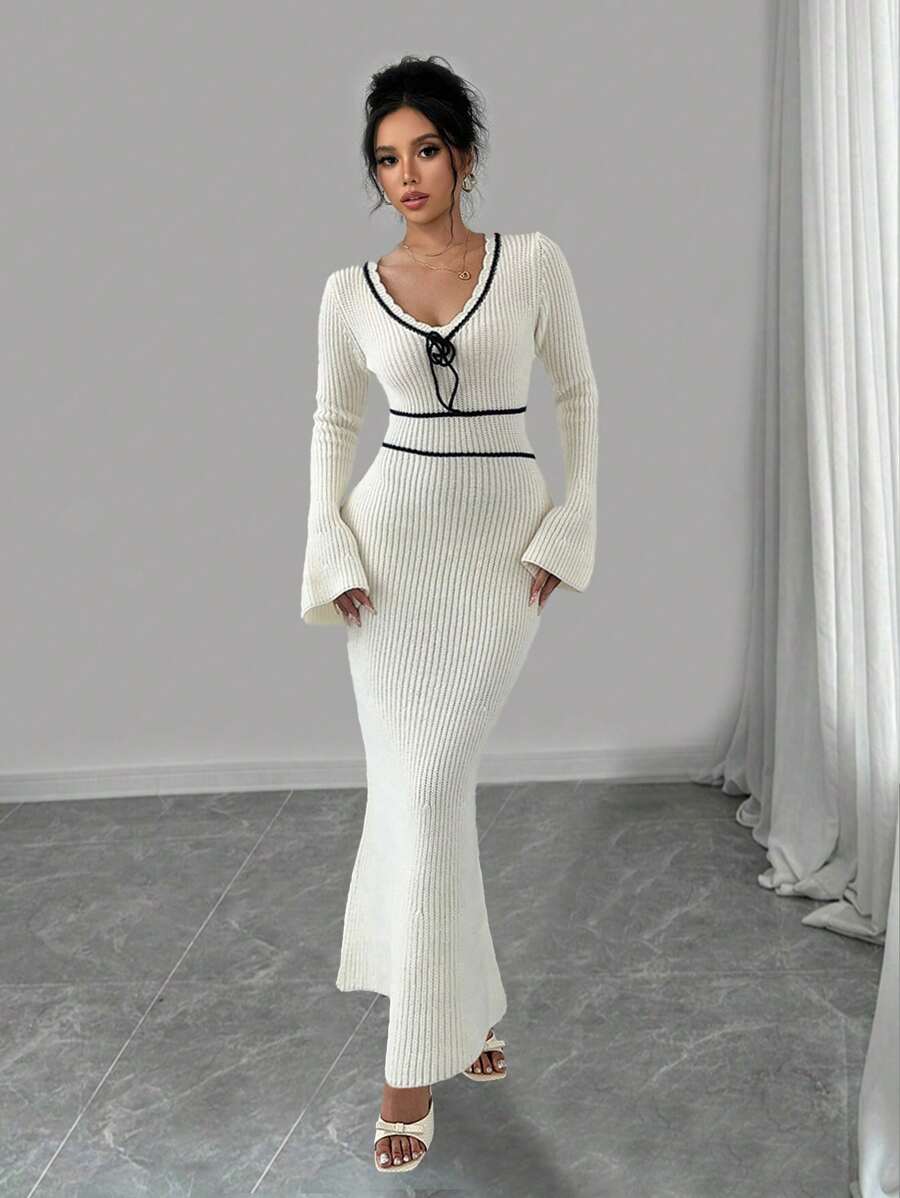 Chiquease Elegant Chic V-Neck Contrast Color Bowknot Ruffle Flared Sleeve Dress, Autumn Winter - Beige - View 1