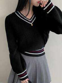 DAZY V-Neck Casual Contrast Color Striped Women Long Sleeve Sweater,Long Sleeve Tops,Fall Clothes