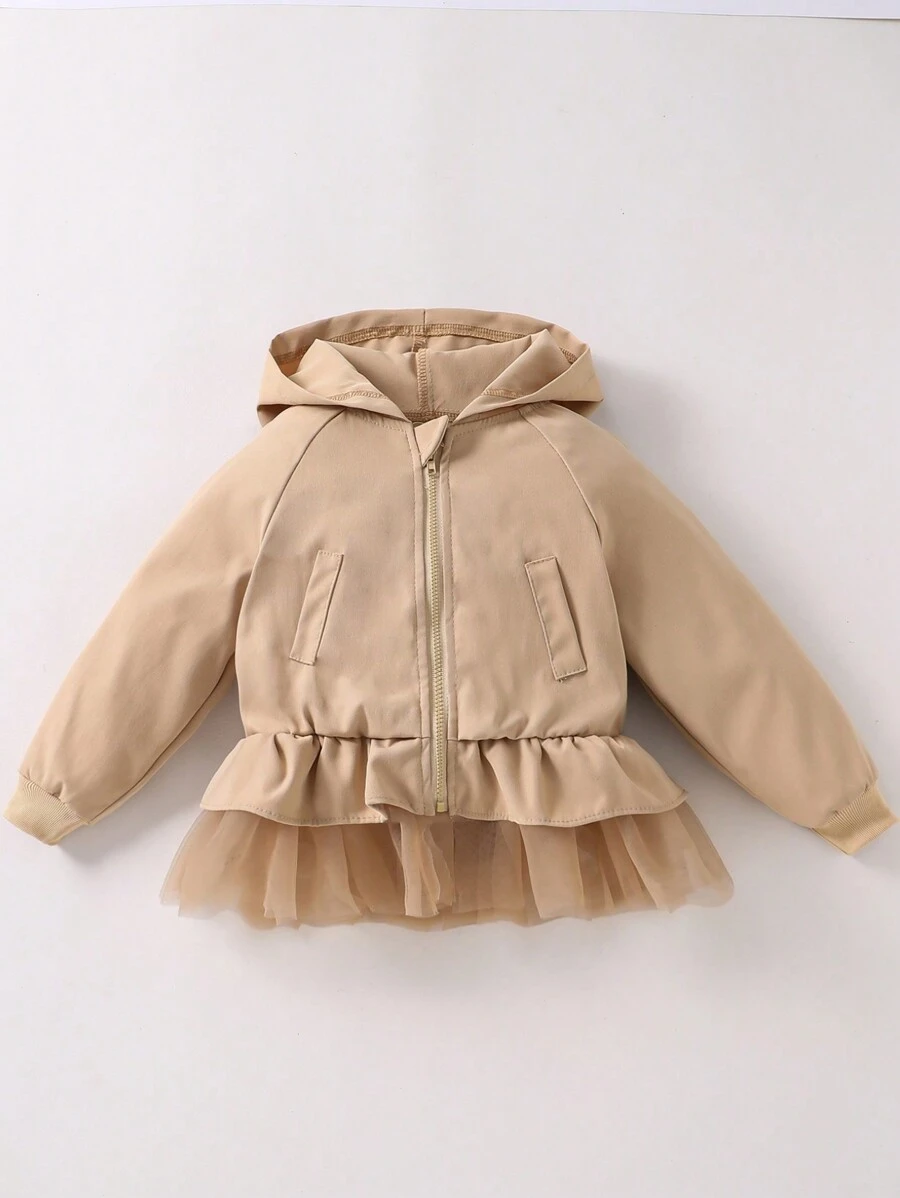 Elladie kids Young Girl Casual Army Green Mesh Panel Bomber Jacket, Fashionable Spring Autumn - Khaki - View 1