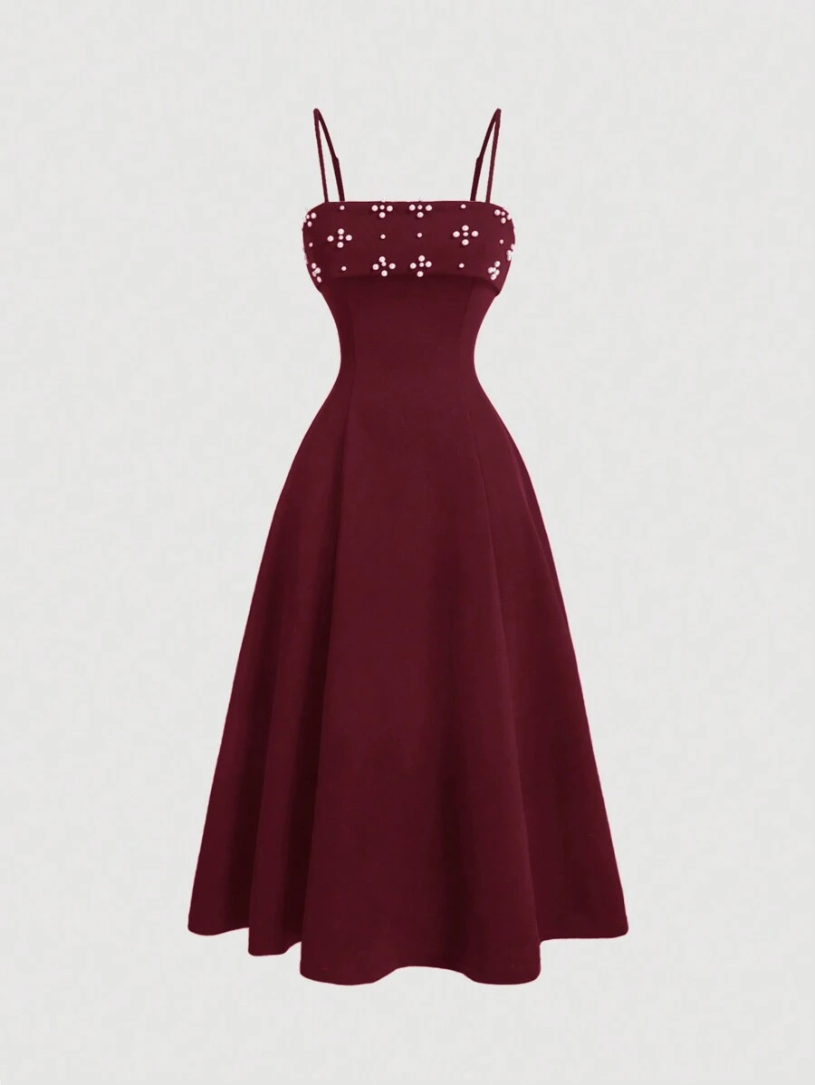 SHEIN MOD 女士珍珠串珠吊带连衣裙、开学酒红色连衣裙、开学服装、秋季连衣裙、教师连衣裙、中长酒红色连衣裙、女士夏季连衣裙、茶会连衣裙 - 酒紅色 - 查看 1
