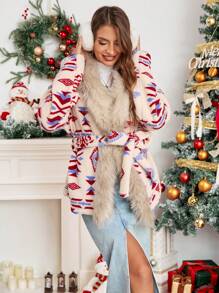 SHEIN Essnce 冬季女装女士长袖落肩几何图案毛绒休闲夹克，秋冬感恩节女装保暖冬季女士外套女士开衫圣诞女装感恩节冬季夹克