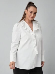 SHEIN Clasi 大码优雅简约白色衬衫，V 领和荷叶边饰领女式衬衫 - 白色 - 查看 4