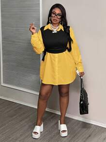 Slaydiva Ensemble 2 pièces robe chemise ample, couleur contrastée, cordon de serrage, style élégant casual, adapté aux grandes tailles, pour l'été et l'automne