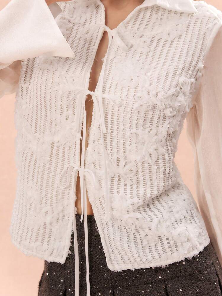 Women's 3D Jacquard, Spliced ​​Chiffon Long-Sleeved, Bow Tie Decorated Long-Sleeved Slim Shirt,Fall Women Clothes,Winter Women Shirts
