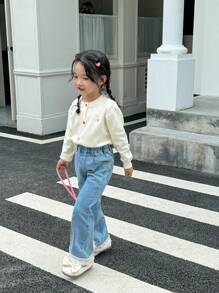 SHEIN Young Girl Patchwork Denim Flare Pants With Pockets And Frill Trim - Blue - View 4