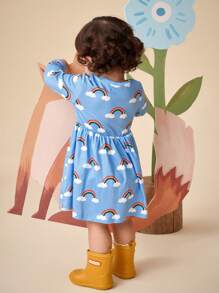 SHEIN Baby Girl Autumn/Winter Long Sleeve Knitted Pilot Cloud Print Casual Fashion Dress - Blue - View 2