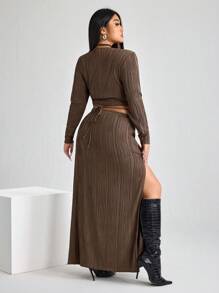 SHEIN ICON ICON Damen Große Größen Braun Rundhals Langarm Bodycon Kleid mit Schlitz im Rock 2-teiliges Set - Kaffeebraun - Übersicht 2