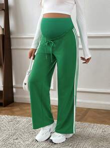 SHEIN Maternity Casual Colorblock Striped High Waist Straight Leg Pants - Green - View 4
