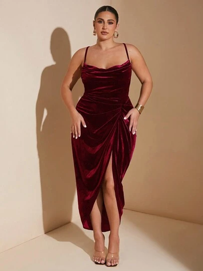 SHEIN BAE Plus Size Summer Elegant Party Festival Occasion Draped Slit Velvet Spaghetti Strap Dress,Birthday Dresses For Women,Valentine's Day,Valentine Outfits For Women