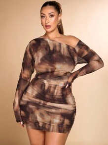 SHEIN BAE Vestido de manga larga con cuello asimétrico, hombros oblicuos y plisados, de tela de malla elástica, en color mármol, para uso diario y salidas, para mujeres de talla grande, elegante y versátil para otoño e invierno