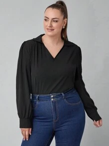 SHEIN Clasi 大码女式纯色简约日常穿着优雅 V 领长袖衬衫 - 黑色 - 查看 4