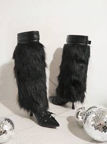 SHUZIA Botas de tacón alto y peludas negras como outfit encantador de fiesta de invierno para mujer, vibes de vacaciones navideñas, de año nuevo y de San Valentín, también para verano y regalos de San Valentín - Negro - Ver 4