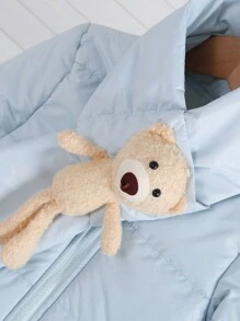 SHEIN Áo khoác parka màu trơn tay dài thả vai đơn giản phong cách Hàn Quốc cho bé gái, cổ rộng, đơn giản, sang trọng, có khăn quàng cổ hình gấu Teddy, chống gió và ấm áp cho mùa đông - Màu xanh lam - Xem 5