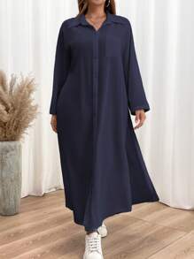 SHEIN Essnce 大码秋季衬衫裙、长袖衬衫长裙、白色连衣裙、夏季女装连衣裙、女式衬衫秋季女装女长袍、高个子女士商务休闲女装、有领女士衬衫办公室装长袖衬衫 - 藏蓝色 - 查看 4